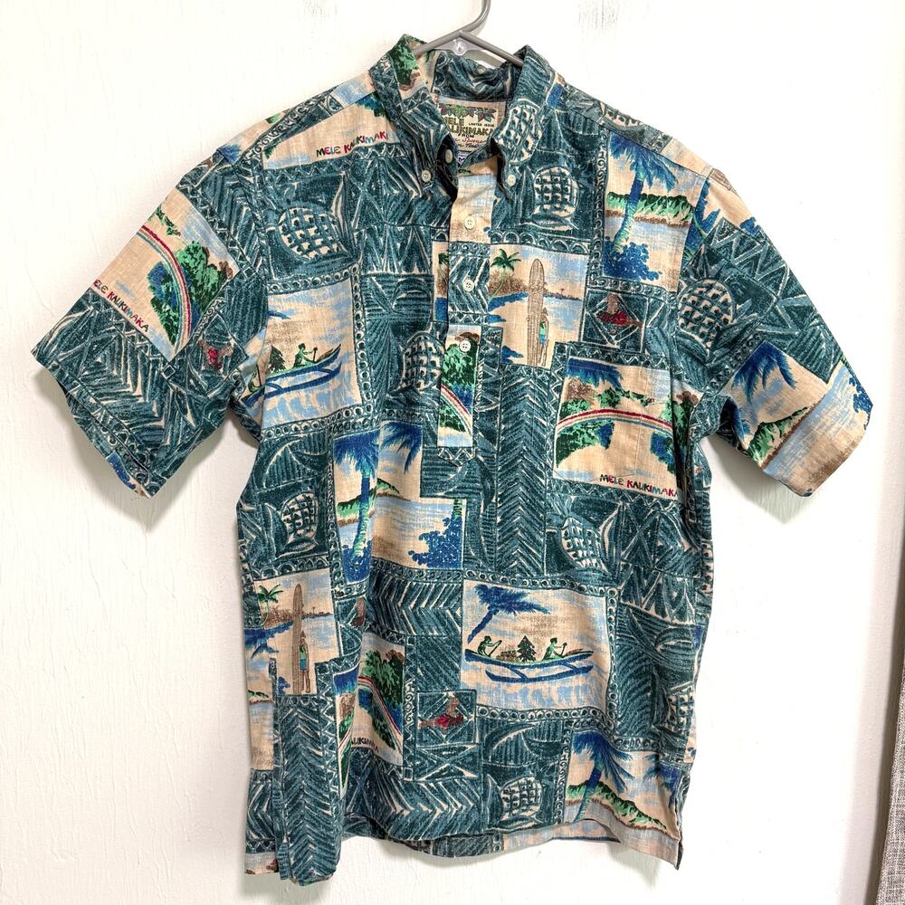 Vintage Reyn Spooner Mele Kalikimaka 1996 Hawaiian Pullover Shirt M Blue Rainbow